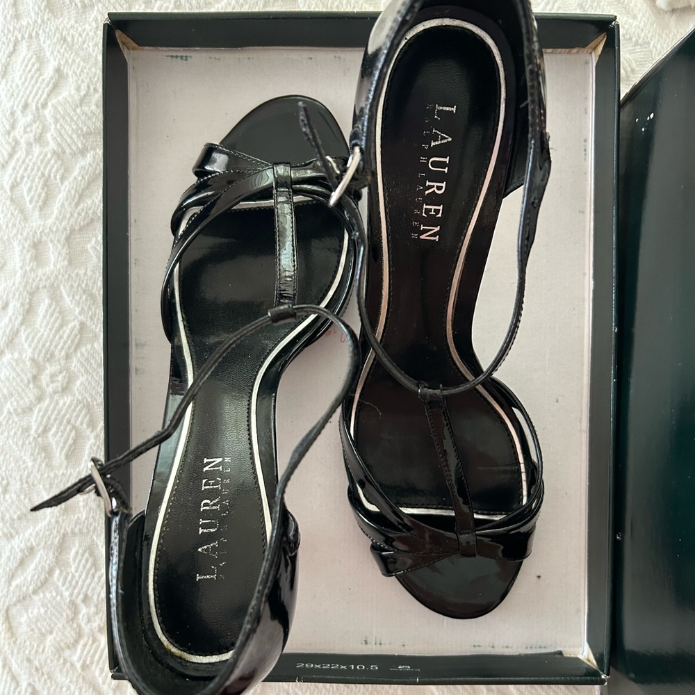 Lauren Ralph Lauren Black Patent T-Strap Heels, 9.5